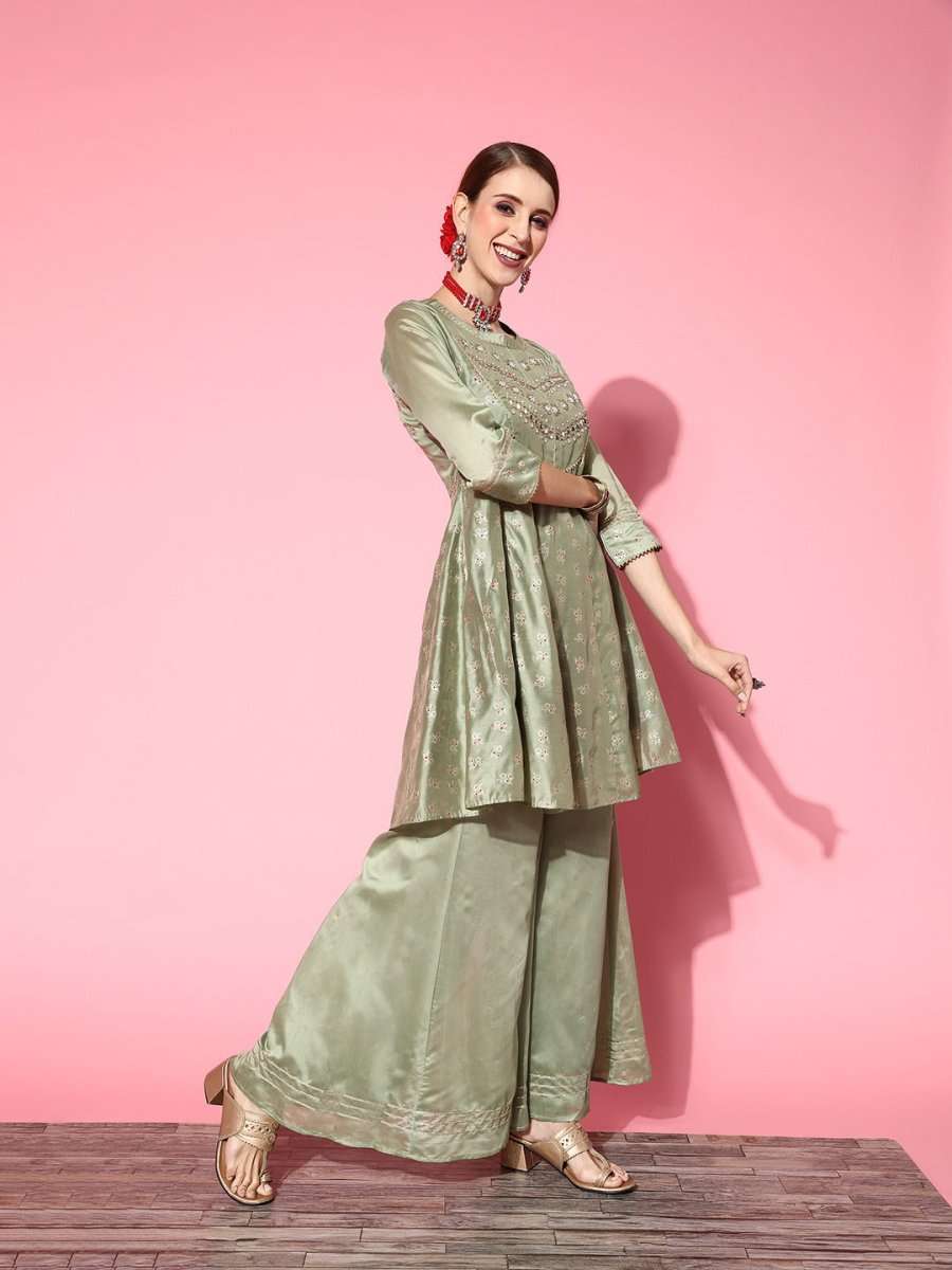 Women Floral Chanderi Silk Ethereal Embroidery Kurta Set - Inddus.com