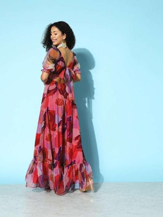 Women Floral Digital Printed Back Detailed Ethnic Dress - Inddus.com