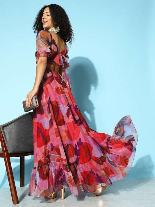 Women Floral Digital Printed Back Detailed Ethnic Dress - Inddus.com