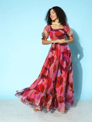 Women Floral Digital Printed Back Detailed Ethnic Dress - Inddus.com