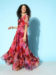 Women Floral Digital Printed Back Detailed Ethnic Dress - Inddus.com