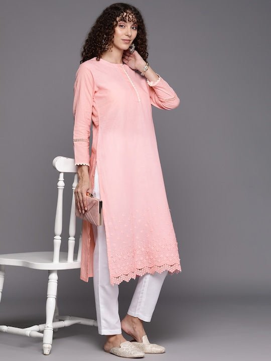 Women Floral Embroidered Chikankari Thread Work Kurta with Trousers - Inddus.com