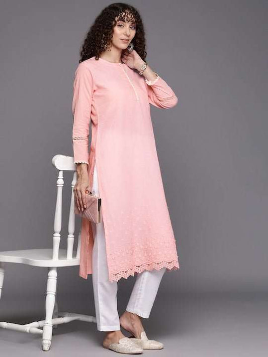Women Floral Embroidered Chikankari Thread Work Kurta with Trousers - Inddus.com