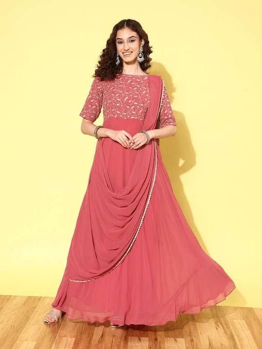 Women Floral Embroidered Draped Maxi Dress - Inddus.com