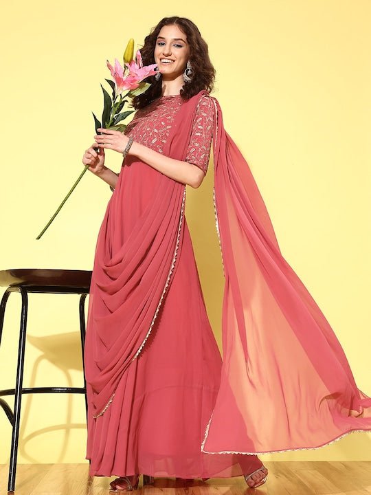 Women Floral Embroidered Draped Maxi Dress - Inddus.com