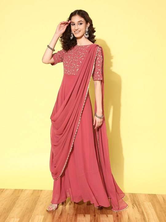 Women Floral Embroidered Draped Maxi Dress - Inddus.com