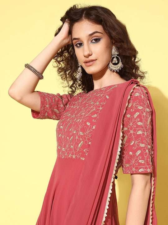 Women Floral Embroidered Draped Maxi Dress - Inddus.com