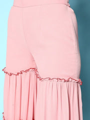 Women Floral Embroidered High Slit Sequinned Kurta with Sharara - Inddus.com