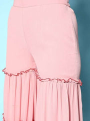 Women Floral Embroidered High Slit Sequinned Kurta with Sharara - Inddus.com