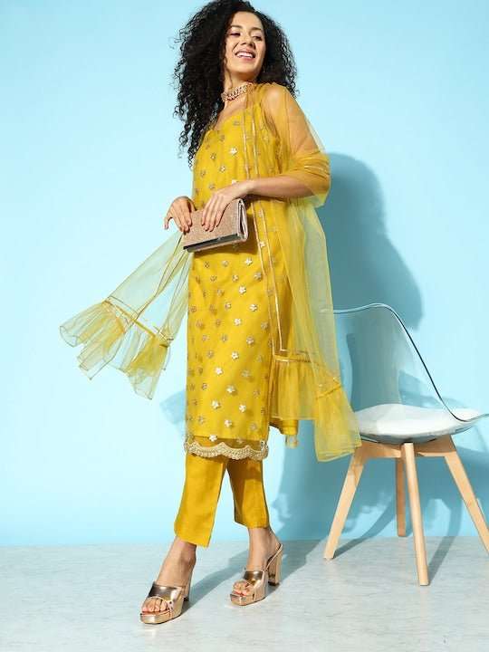 Women Floral Embroidered Kurta with Trousers & Dupatta - Inddus.com