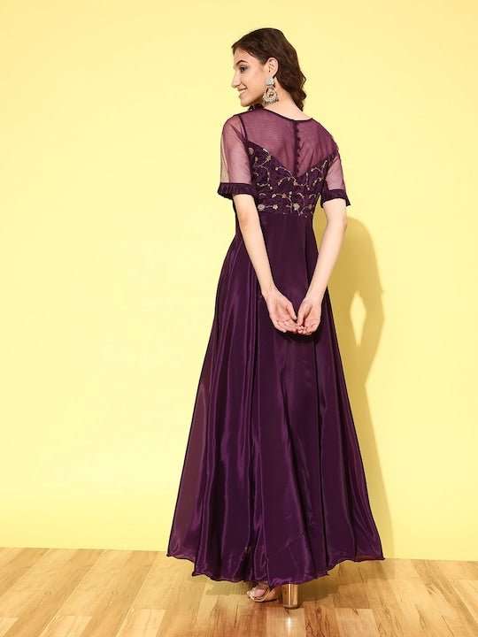 Women Floral Embroidered Pleated Maxi Dress - Inddus.com