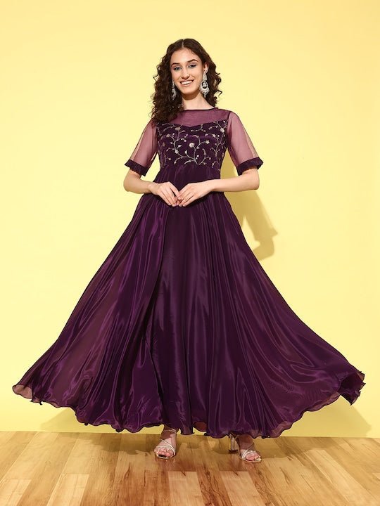 Women Floral Embroidered Pleated Maxi Dress - Inddus.com