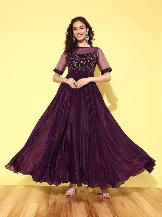 Women Floral Embroidered Pleated Maxi Dress - Inddus.com
