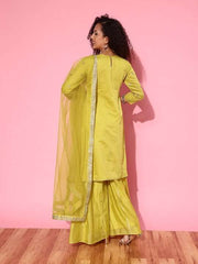 Women Floral Embroidered Regular Chanderi Cotton Kurta with Palazzos & With Dupatta - Inddus.com