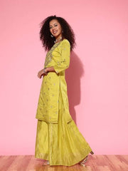 Women Floral Embroidered Regular Chanderi Cotton Kurta with Palazzos & With Dupatta - Inddus.com