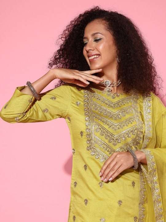 Women Floral Embroidered Regular Chanderi Cotton Kurta with Palazzos & With Dupatta - Inddus.com