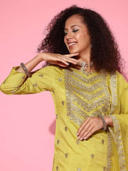 Women Floral Embroidered Regular Chanderi Cotton Kurta with Palazzos & With Dupatta - Inddus.com