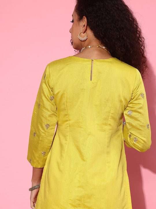 Women Floral Embroidered Regular Chanderi Cotton Kurta with Palazzos & With Dupatta - Inddus.com