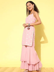 Women Floral Embroidered Regular Thread Work Kurta with Sharara & With Dupatta - Inddus.com
