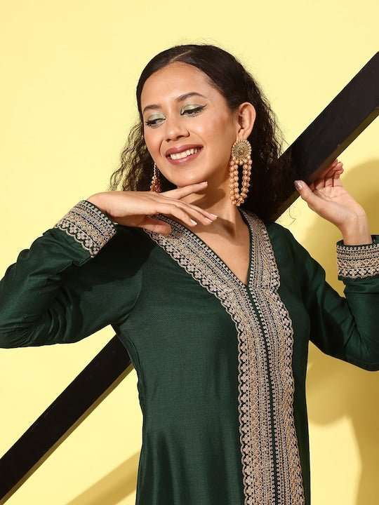 Women Floral Embroidered Sequined A-Line Ethnic Dress - Inddus.com