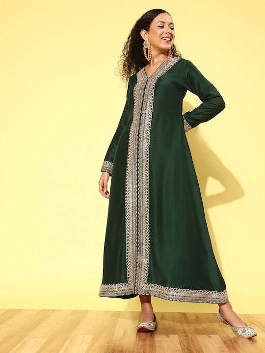 Women Floral Embroidered Sequined A-Line Ethnic Dress - Inddus.com