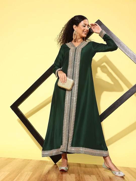 Women Floral Embroidered Sequined A-Line Ethnic Dress - Inddus.com