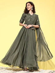 Women Floral Embroidered Sequined Fit & Flare Ethnic Dress - Inddus.com