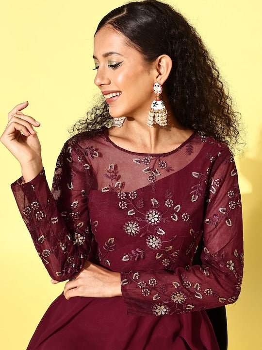 Women Floral Embroidered Sequined Fit & Flare Ethnic Dress - Inddus.com