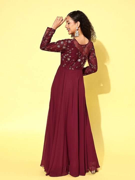 Women Floral Embroidered Sequined Fit & Flare Ethnic Dress - Inddus.com