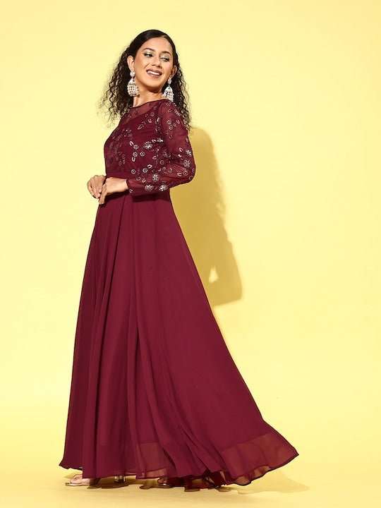 Women Floral Embroidered Sequined Fit & Flare Ethnic Dress - Inddus.com