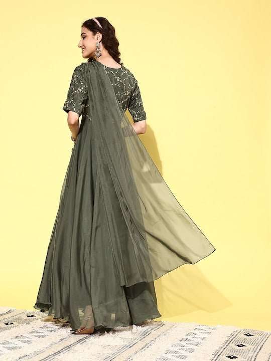 Women Floral Embroidered Sequined Fit & Flare Ethnic Dress - Inddus.com