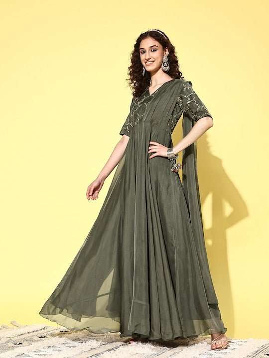 Women Floral Embroidered Sequined Fit & Flare Ethnic Dress - Inddus.com