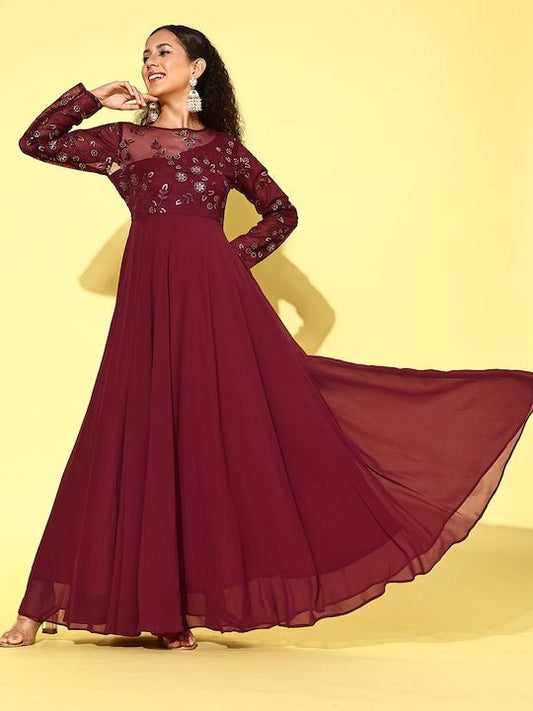 Women Floral Embroidered Sequined Fit & Flare Ethnic Dress - Inddus.com