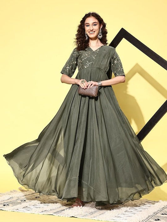 Women Floral Embroidered Sequined Fit & Flare Ethnic Dress - Inddus.com