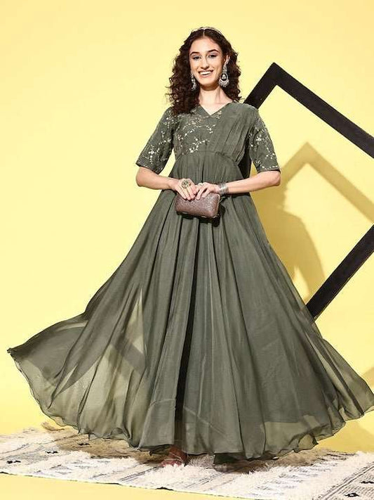 Women Floral Embroidered Sequined Fit & Flare Ethnic Dress - Inddus.com