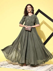 Women Floral Embroidered Sequined Fit & Flare Ethnic Dress - Inddus.com