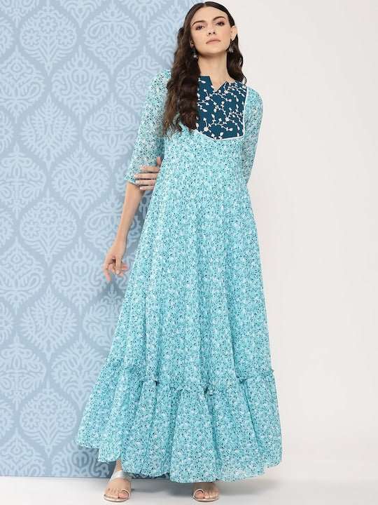 Women Floral Embroidered Sequined Georgette Maxi Dress - Inddus.com