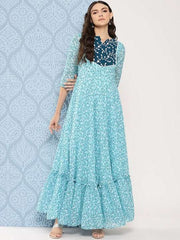 Women Floral Embroidered Sequined Georgette Maxi Dress - Inddus.com