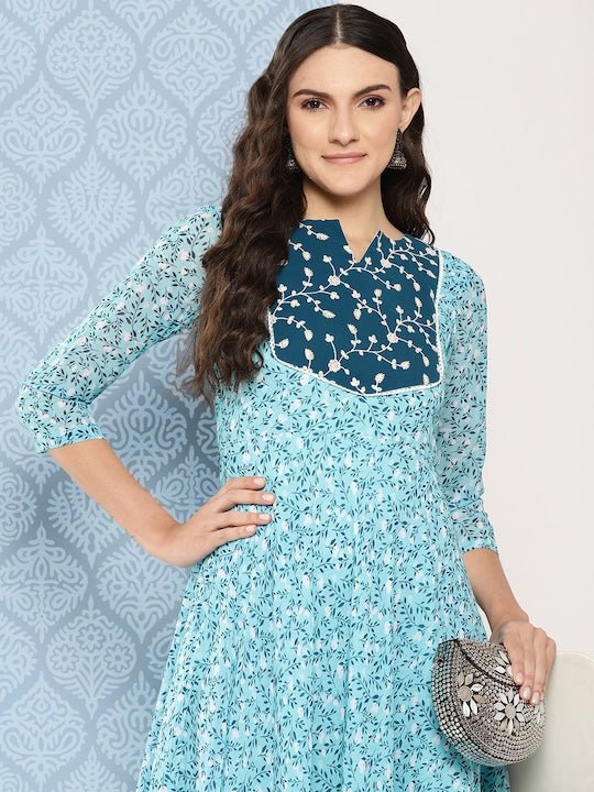 Women Floral Embroidered Sequined Georgette Maxi Dress - Inddus.com