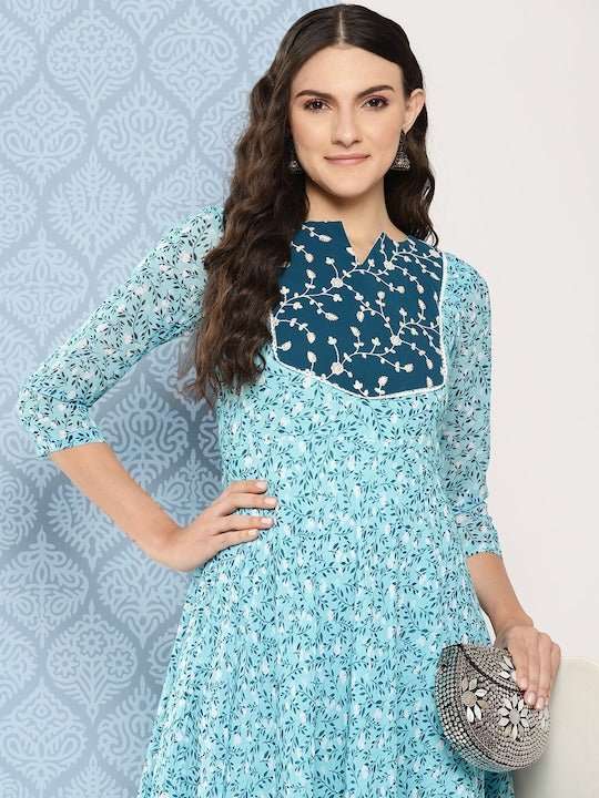 Women Floral Embroidered Sequined Georgette Maxi Dress - Inddus.com