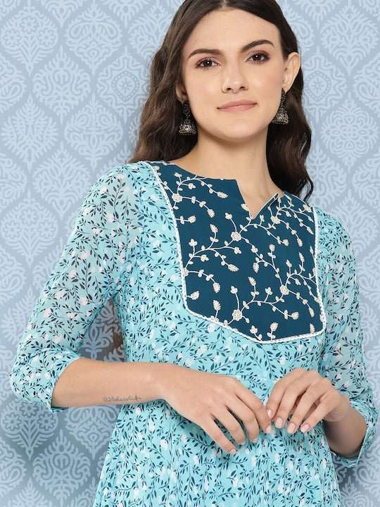 Women Floral Embroidered Sequined Georgette Maxi Dress - Inddus.com