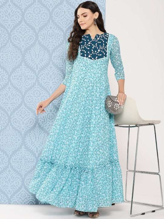 Women Floral Embroidered Sequined Georgette Maxi Dress - Inddus.com