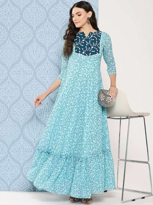 Women Floral Embroidered Sequined Georgette Maxi Dress - Inddus.com