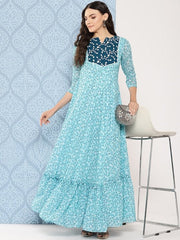 Women Floral Embroidered Sequined Georgette Maxi Dress - Inddus.com
