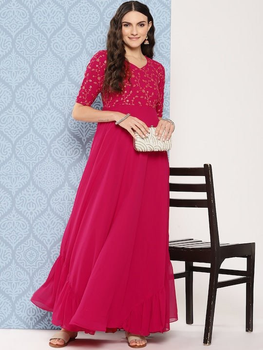 Women Floral Embroidered Sequined Georgette Maxi Dress - Inddus.com