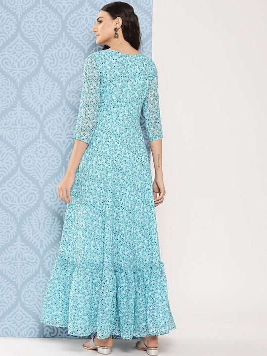 Women Floral Embroidered Sequined Georgette Maxi Dress - Inddus.com