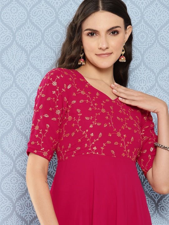 Women Floral Embroidered Sequined Georgette Maxi Dress - Inddus.com