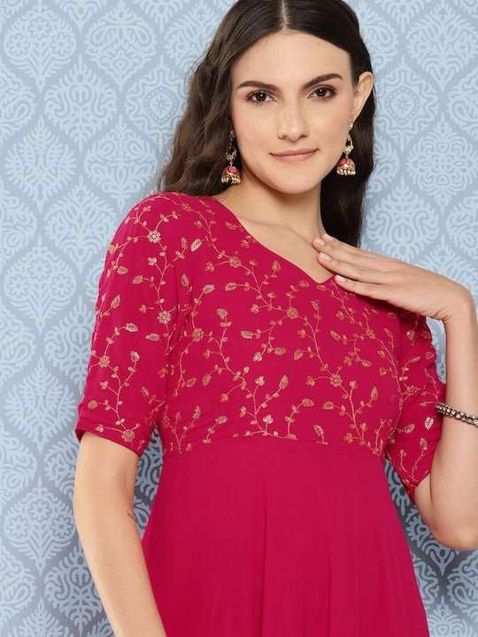 Women Floral Embroidered Sequined Georgette Maxi Dress - Inddus.com