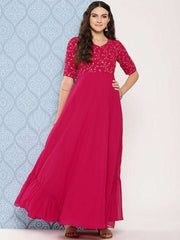 Women Floral Embroidered Sequined Georgette Maxi Dress - Inddus.com