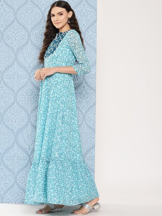 Women Floral Embroidered Sequined Georgette Maxi Dress - Inddus.com